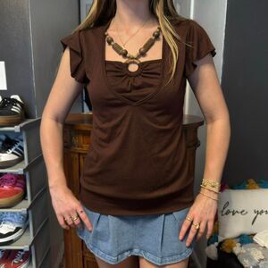 Vintage Made in USA Women's Brown Blouse With Wooden Bead Embellishment